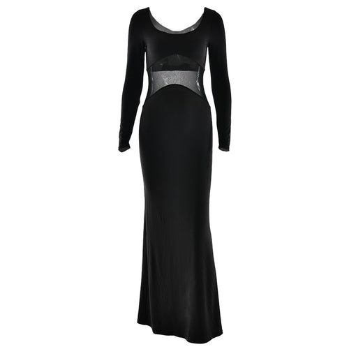 Long sleeve u neck mesh patchwork maxi dress  | Festival Outfits Women