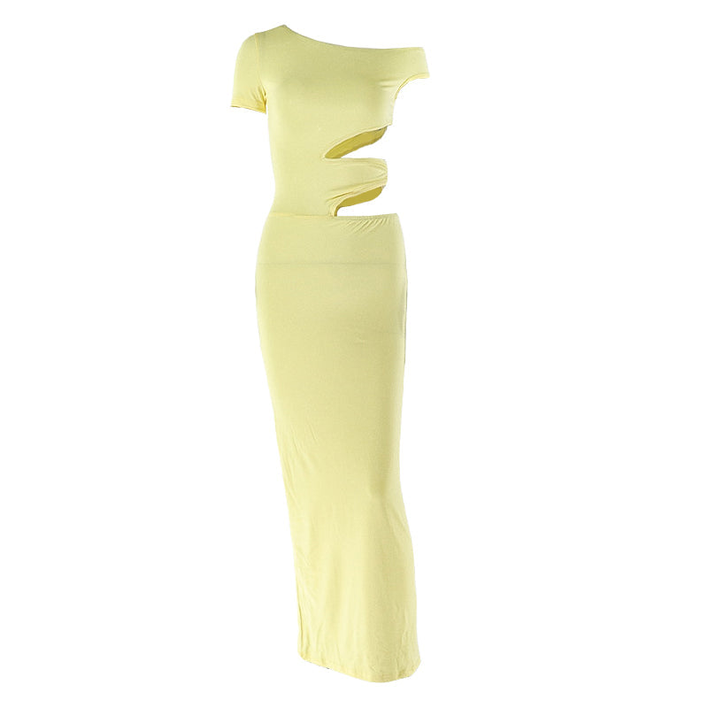 Irregular short sleeve hollow out one shoulder cut out maxi dress  | Festival Outfits Women