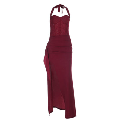 Irregular pleated slit halter self tie maxi dress  | Festival Outfits Women