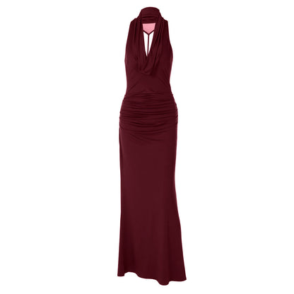 Ruched cowl neck backless solid maxi dress  | Festival Outfits Women