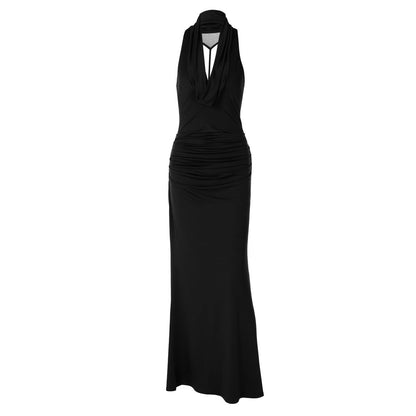 Ruched cowl neck backless solid maxi dress  | Festival Outfits Women