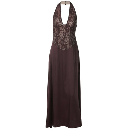 Halter v neck lace backless maxi dress  | Festival Outfits Women