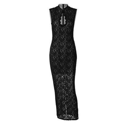 Lace hollow out slit sleeveless zip-up maxi dress  | Festival Outfits Women