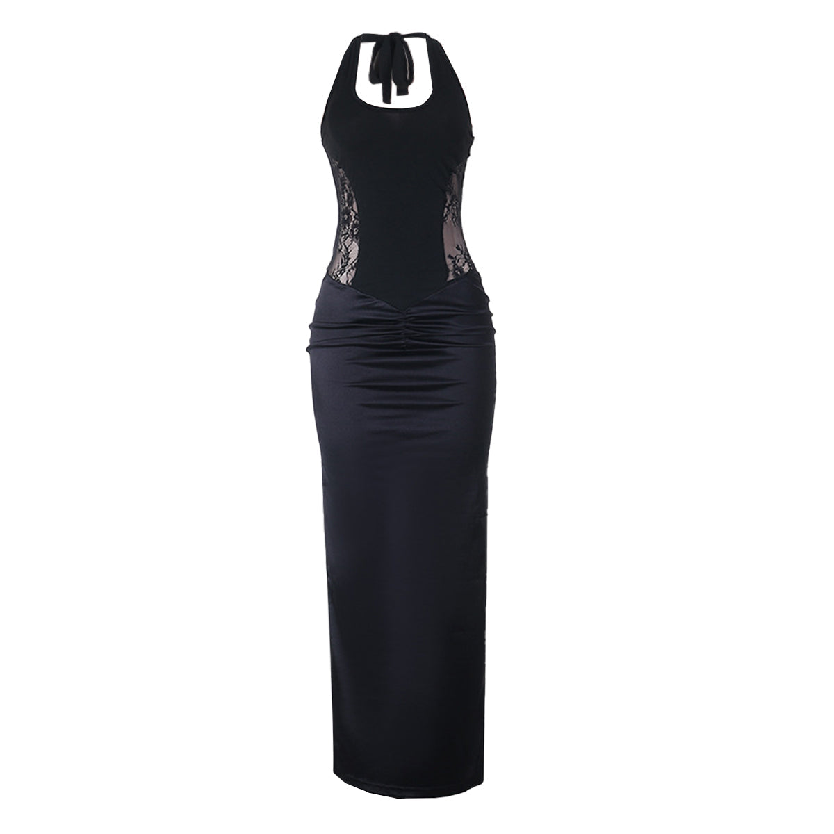 Ruched u neck self tie halter lace maxi dress  | Festival Outfits Women