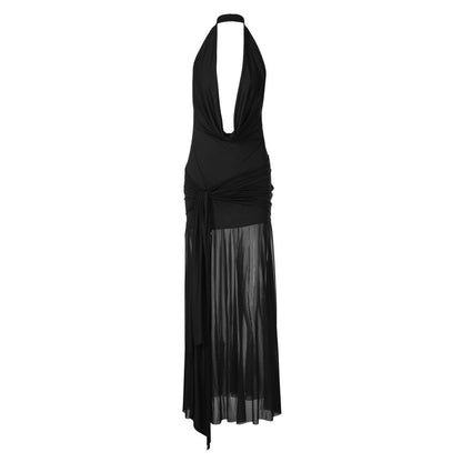 Cowl neck halter slit mesh irregular maxi dress  | Festival Outfits Women