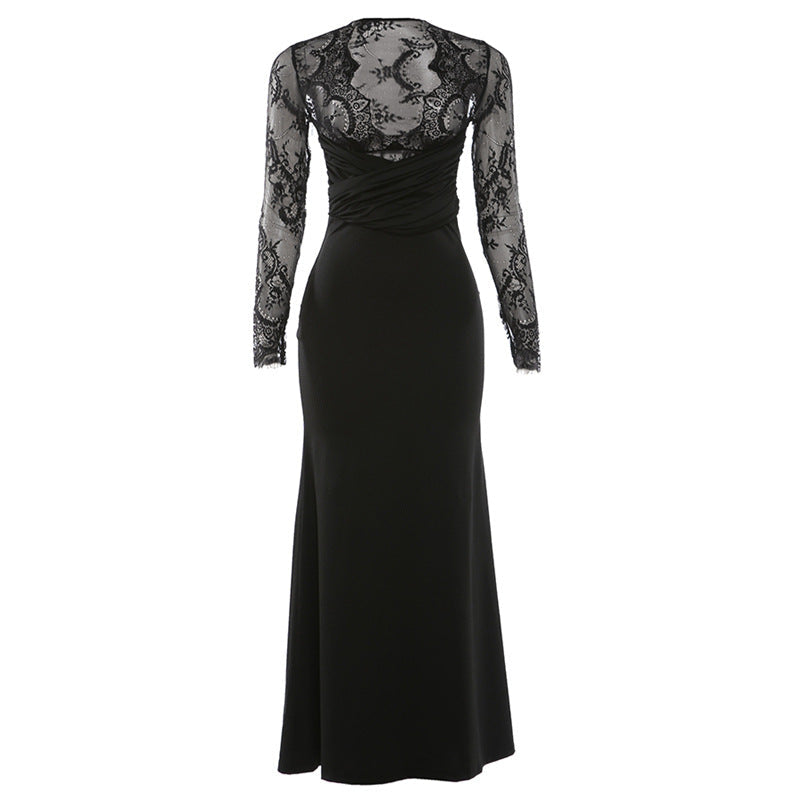 Long sleeve lace patchwork v neck maxi dress  | Festival Outfits Women