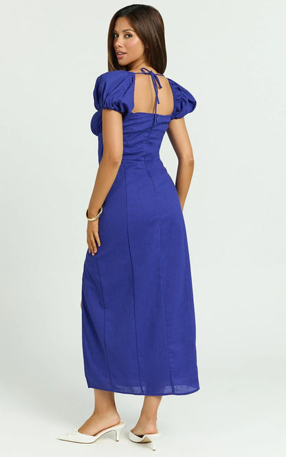 Robin Midi Linen Blend Dress - Puff Sleeve High Split Dress in Navy