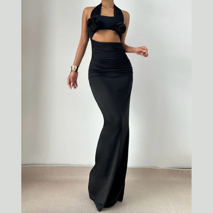 Halter flower applique hollow out cut out maxi dress  | Festival Outfits Women