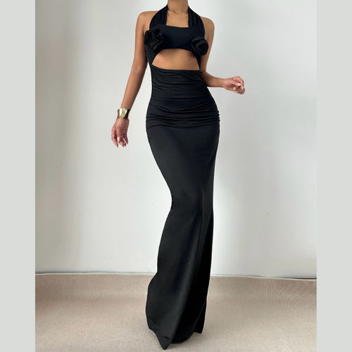 Halter flower applique hollow out cut out maxi dress  | Festival Outfits Women