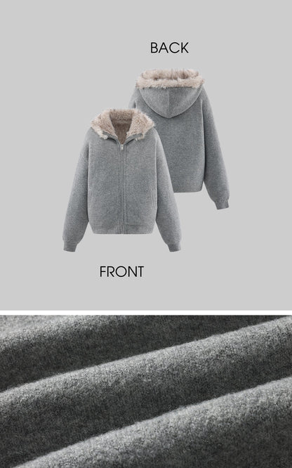Furry Hood Jacket & Knit Hood Hat Set with Slim Top and Drawstring Shorts