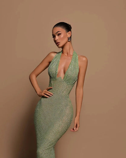 ZINNIA GREEN BEADED HALTER MAXI DRESS