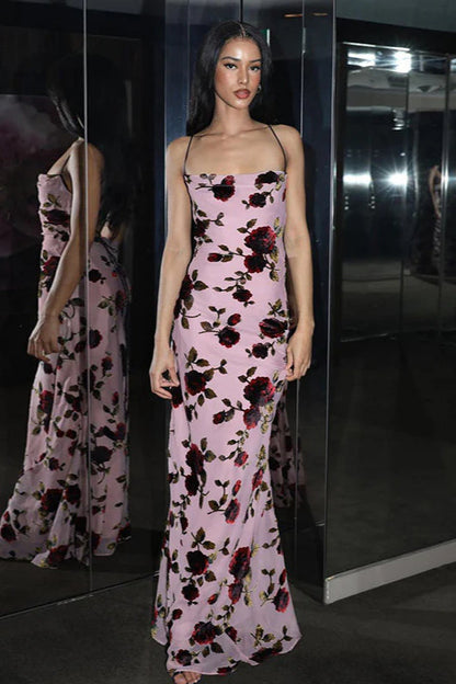 Rose Print Backless Cami Bodycon Maxi Dress