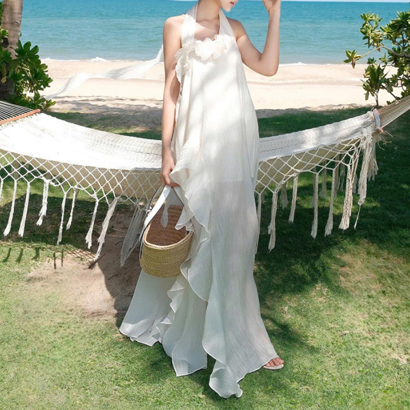 Halter flower applique textured irregular maxi dress  | Festival Outfits Women