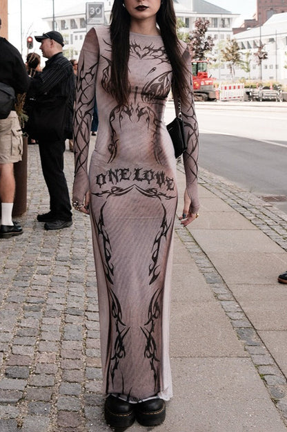 Cyberpunk Print Slim Fit Long Sleeve Crew Neck Maxi Dress