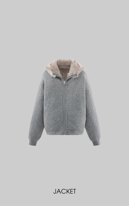 Furry Hood Jacket & Knit Hood Hat Set with Slim Top and Drawstring Shorts
