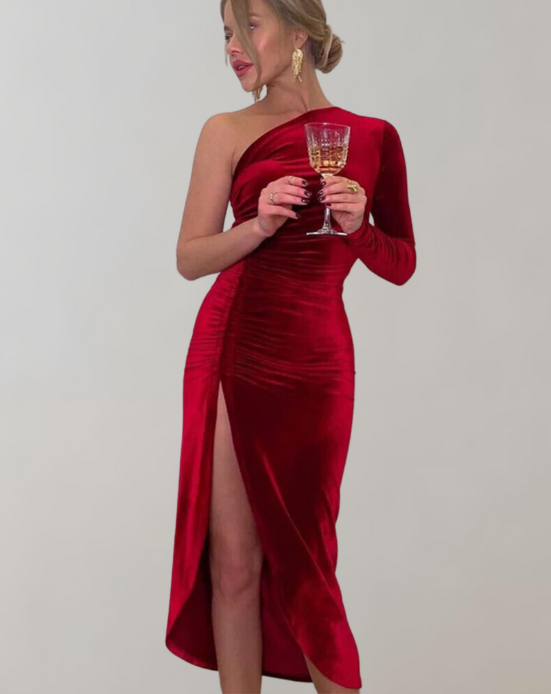 Women’s Elegant One-Shoulder Tight Waist Evening Dress with Slit | Ideal for Spring/Summer