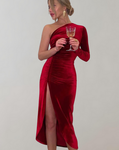 Women’s Elegant One-Shoulder Tight Waist Evening Dress with Slit | Ideal for Spring/Summer