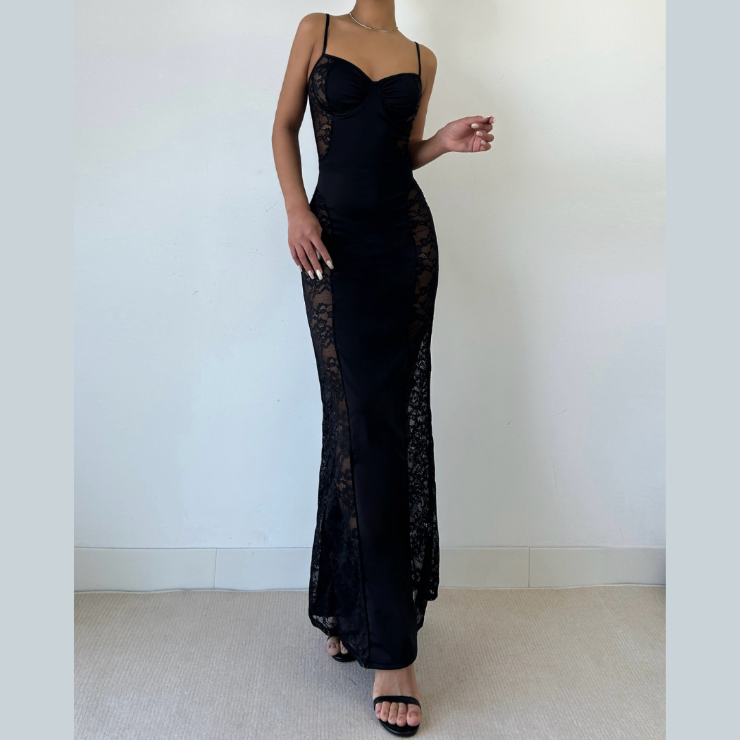 Lace slit v neck zip-up cami maxi dress  | Festival Outfits Women