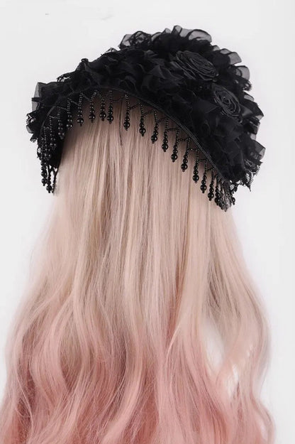 Handmade Gothic Lace Pearl Tassel Rose Hat