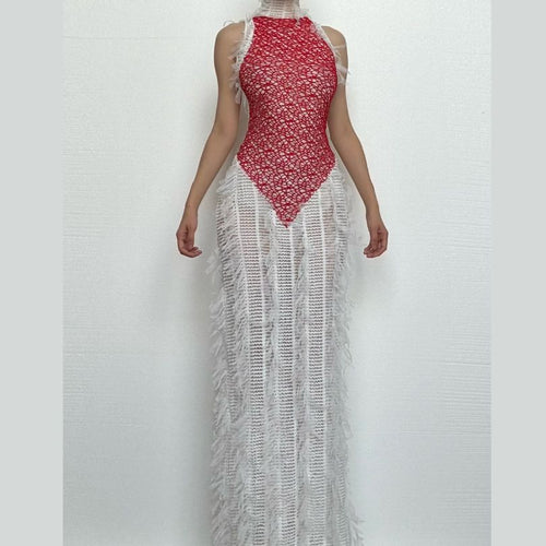 High neck patchwork tassels backless maxi dress  | Festival Outfits Women