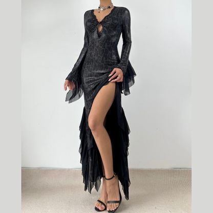 Long sleeve v neck lace hem snakeskin print maxi dress  | Festival Outfits Women