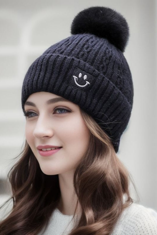 Chunky Cable Knit Pompom Smile Hat
