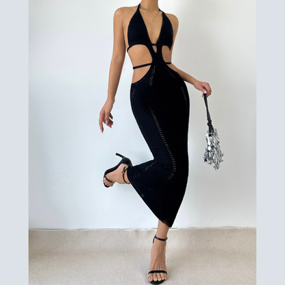 Halter self tie hollow out v neck cut out maxi dress  | Festival Outfits Women