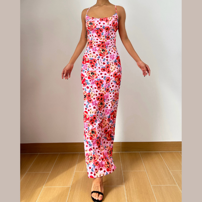 Cross back self tie flower print cami maxi dress  | Festival Outfits Women