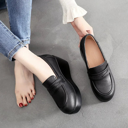 Vintage Leather Platform Wedges Black Genuine Office Fur Med Heels Loafers