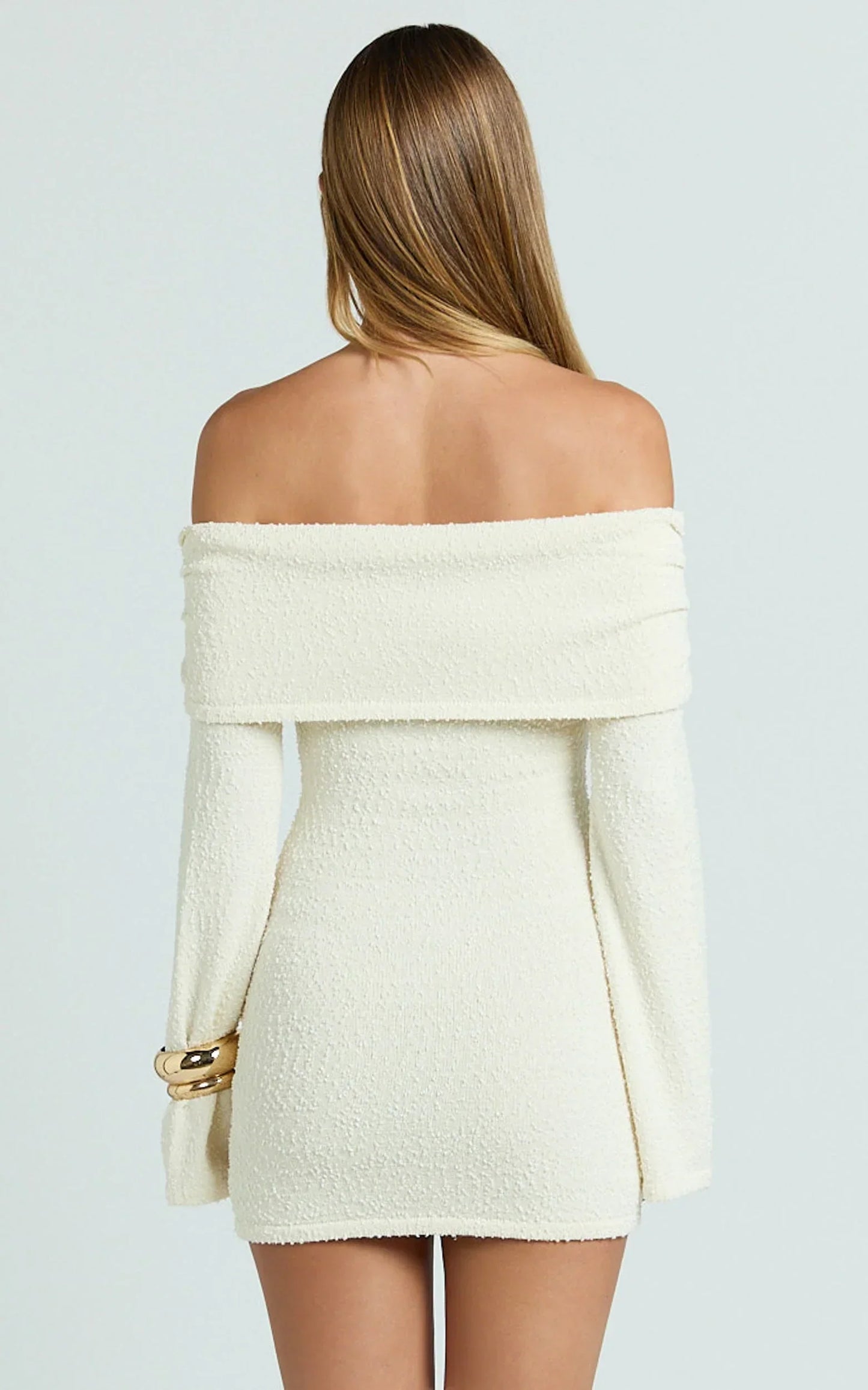 Rhianna Mini Dress - Knitted Off Shoulder Tie Waist Mini Dress in Cream
