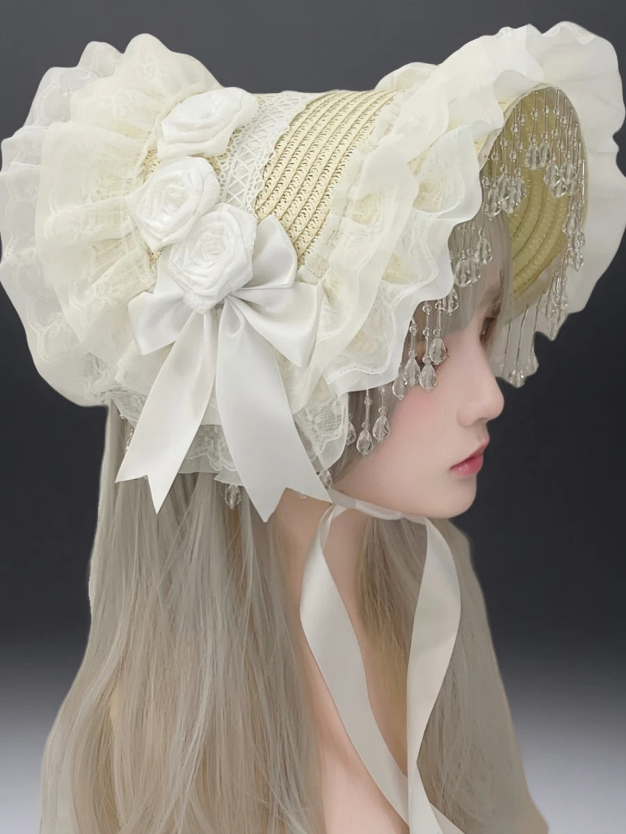 Gothic Lolita Black Pearl Tassel Lace Bow Feather Hat
