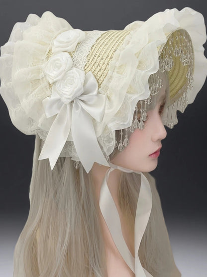 Gothic Lolita Black Pearl Tassel Lace Bow Feather Hat