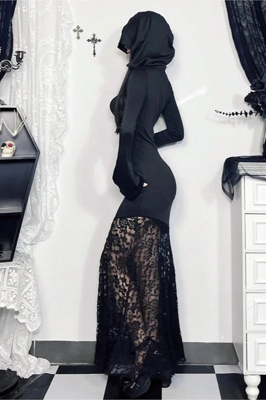 Goth Dark Hooded Cross Hollow Lace Spliced Maxi Dress