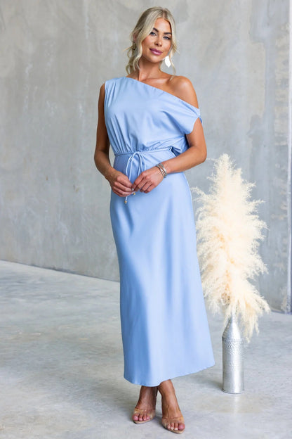 Solid Color One-shoulder Sleeveless Belted Casual Maxi Dress