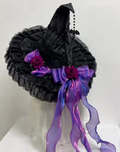 Black Witch Hat Gothic Rose Bow Lace Trim Hat