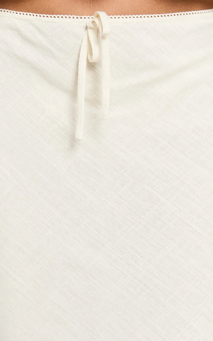 Polly Midi Skirt - Linen Low Waisted Front Bow Slip Skirt in Stone