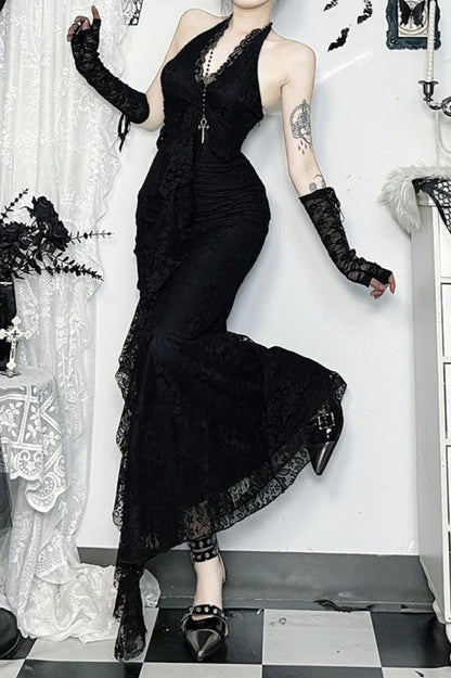 Cyber Y2K Halter Lace Pleat Hem Bodycon Maxi Dress