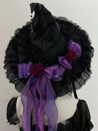 Black Witch Hat Gothic Rose Bow Lace Trim Hat