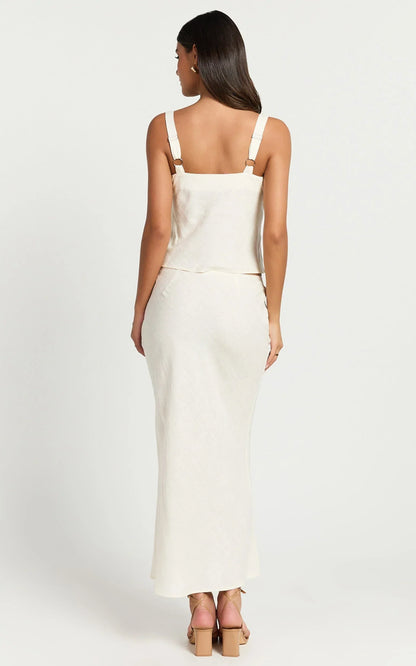 Polly Midi Skirt - Linen Low Waisted Front Bow Slip Skirt in Stone