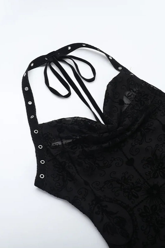 Goth Dark Flocking Print Halter Bandage Maxi Dress