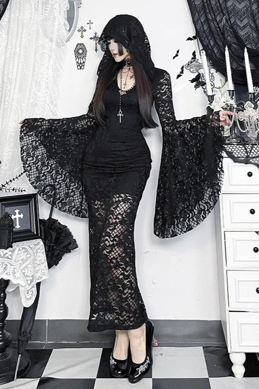 Dark Gothic Lace Flared-sleeve Hollow-out Hem Maxi Dress