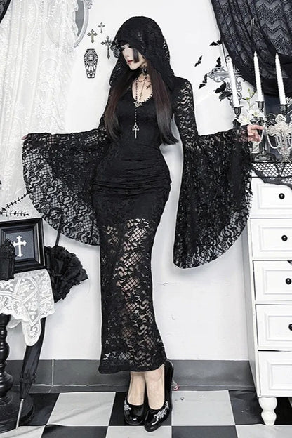 Dark Gothic Lace Flared-sleeve Hollow-out Hem Maxi Dress
