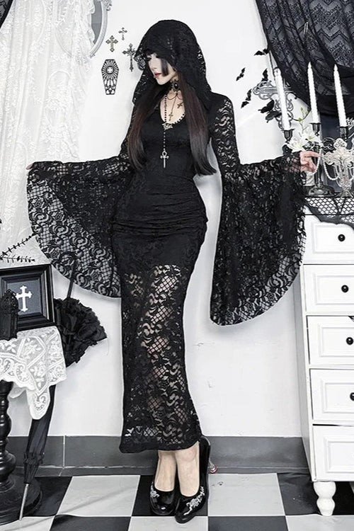 Dark Gothic Lace Flared-sleeve Hollow-out Hem Maxi Dress
