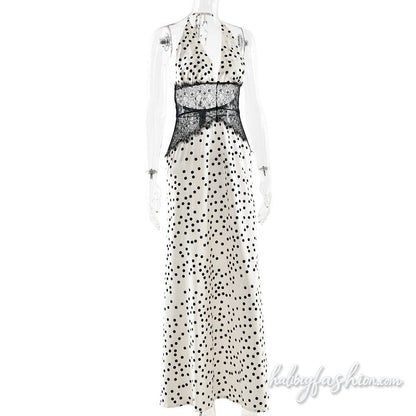 Polka dot halter self tie v neck lace maxi dress