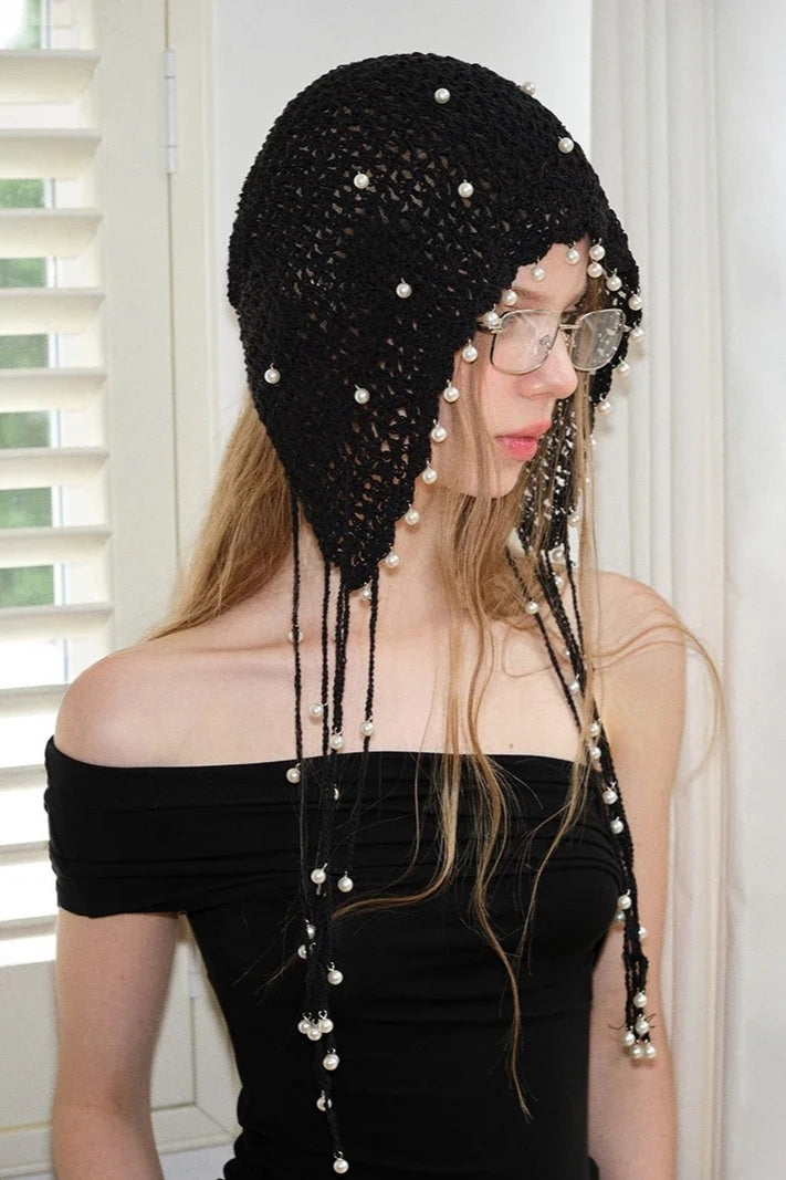 Handmade Pearl Tassel Y2K Crochet Woven Beanie Hat