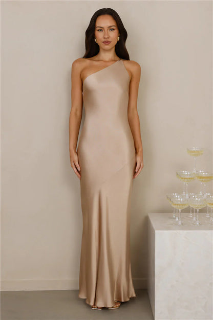 The Evangeline One Shoulder Satin Maxi Dress Champagne