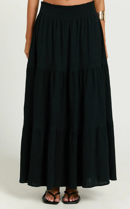 Ruby Midi Skirt - Shirred High Waist Cotton Tiered Skirt in Black