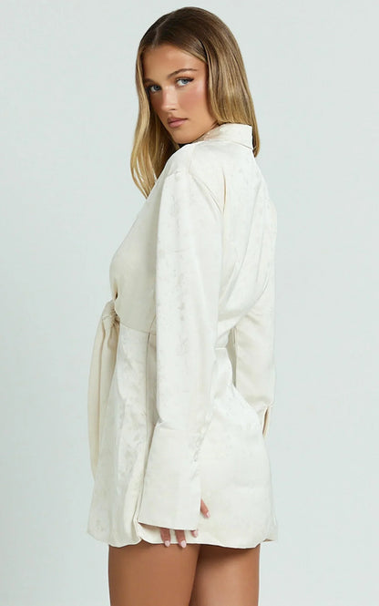 Paola Mini Dress - Tie Front Collared Skirt Dress in Off White