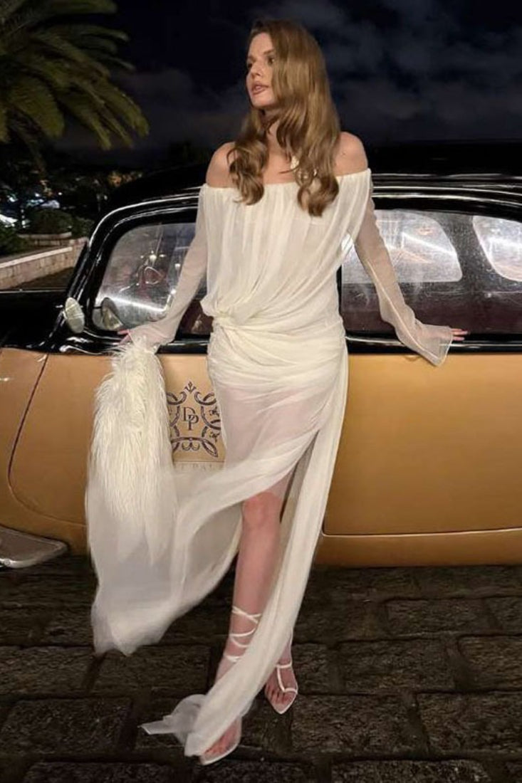 Solid Mesh Sheer Off Shoulder Ruched Elegant Maxi Dress