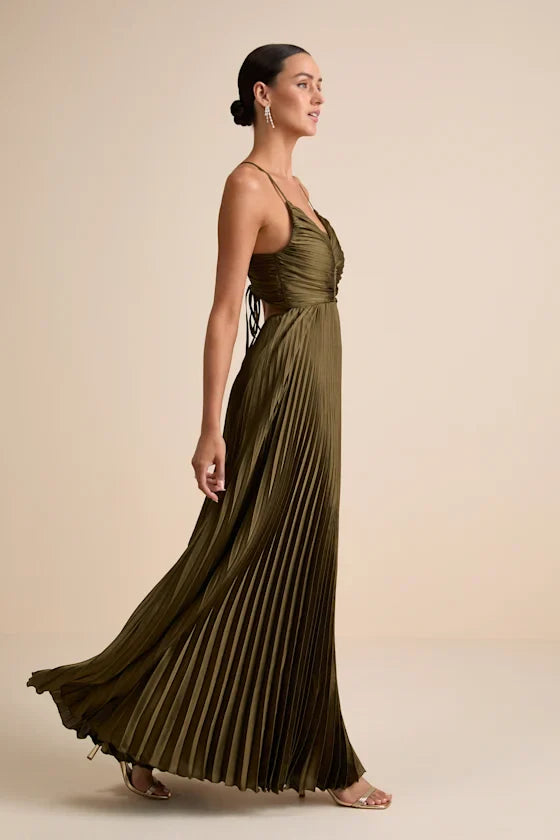 Olive Green Maxi Dress - Open Back Dress- Pleated Satin Dress - Lulus